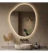 Keonjinn Irregular Backlit Mirror Bathroom, 24 x 36 in Asymmetrical LED Bathroom Mirror with Temp...