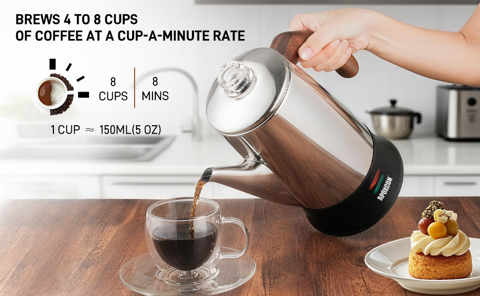 brews 4 to 8 cups of coffee at a cup a minute rate