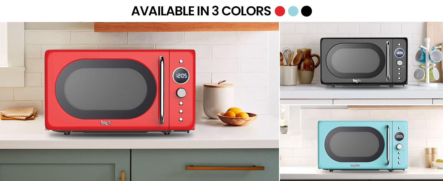 Three images show the Total Chef retro microwave in red, black, and blue finishes on a counter