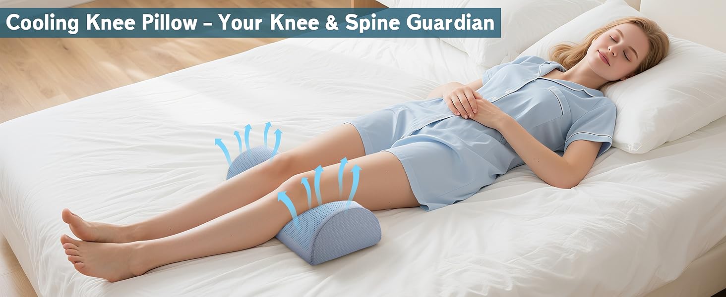 Woman lying on bed using cooling knee pillow under knees for spine alignment and leg comfort