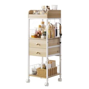 Rolling Floor Skincare Organizer and Storage with 2 Wooden Drawers