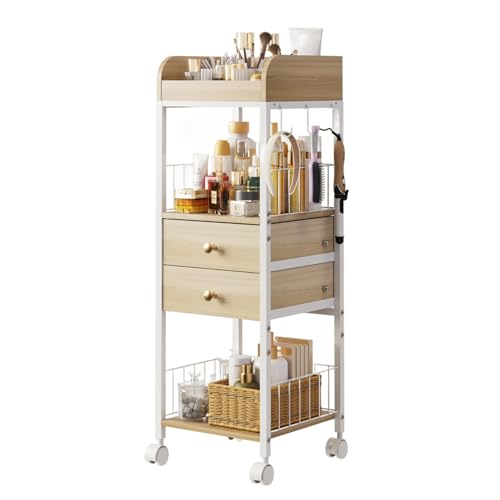 Rolling Floor Skincare Organizer and Storage with 2 Wooden Drawers