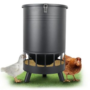 Large Capacity Gravity Dispenser with Spill Control & 16 Feeding Ports Poultry Feeder for Outdoors & Hen Coop (Black)