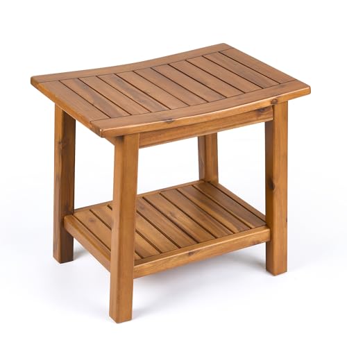 20" Solid Acacia Wood Shower Stool Waterproof Shower Seat with Storage Shelf for Bathroom - SB001