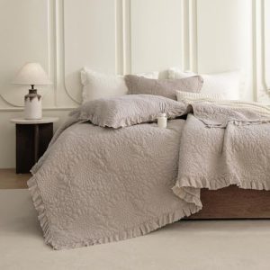 Cotton Ruffled Flower Petal Pattern Ultra Large Wide Oversized Quilted Set 3Pcs Linen Colored Crinkle Farmhouse Bedding for All Season