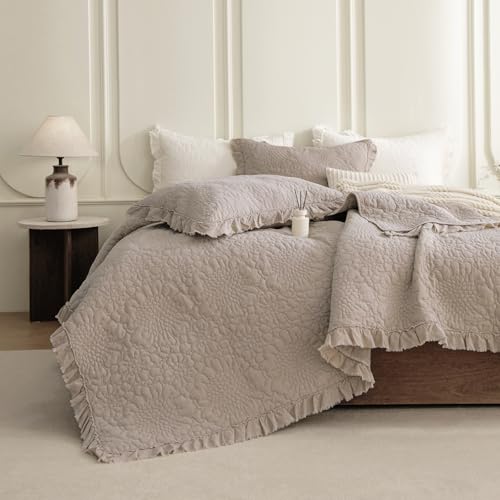 Cotton Ruffled Flower Petal Pattern Ultra Large Wide Oversized Quilted Set 3Pcs Linen Colored Crinkle Farmhouse Bedding for All Season