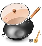 WANGYUANJI 10.2 Inch Cast Iron Wok with Lid, Flat Bottom Stir Fry wok with Wooden Handle, Non-Coa...