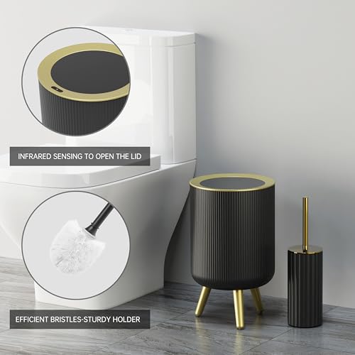 8 PC Black Bathroom Set with Motion Sensor Trash Can