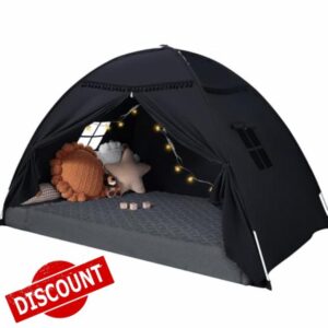 Sumbababy Twin Size Bed Canopy: Lights & Flags Indoor Floor Bed Kids Tent Playhouse - Portable & Foldable Twin Bunk Curtains - Girls & Boys Bedroom Privacy Space Blackout Tents Slumber Gifts (Black)