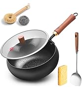 WANGYUANJI 11-Inch Hand-Hammered Iron Frying Pan with Lid and Spatula