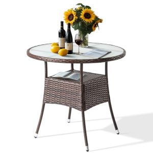 Wicker Round Patio Table Tempered Glass Patio Dining Table Outdoor Table for Balcony Garden Deck and Porch