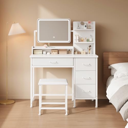 Small Vanity with Fabric Storage Drawer & Chair & Shelves