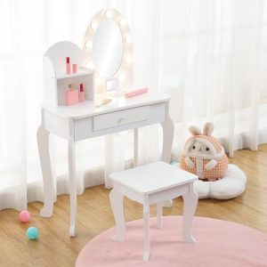 Pretend Play Girls Vanity Table and Chair Set with Mirror