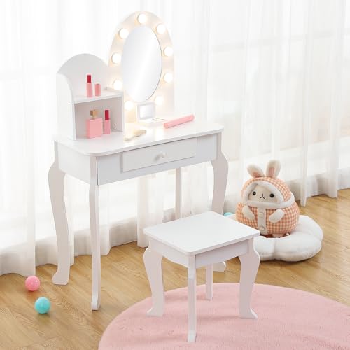 Pretend Play Girls Vanity Table and Chair Set with Mirror
