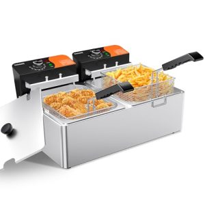 3400W Electric Countertop Fryer 20.7QT with 6.35QTx2 Baskets Stainless Steel Oil Fryer with Temperature Limiter for Home Kitchen and Restaurant