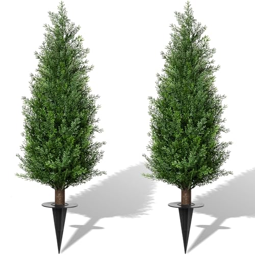 Set of 2 UV Resistant Fake Evergreen Bushes Shrubs Trees Artificial Plants Realistic Faux Cypress Plants for Indoor Outdoor Front Porch Garden