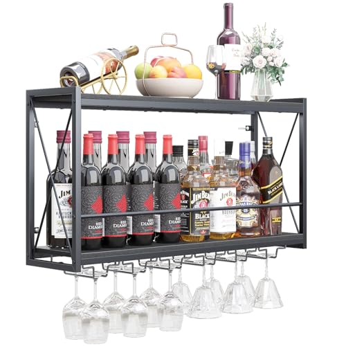 Rustic Wood & Industrial Iron Frame Wine Bottle Holder for Kitchen