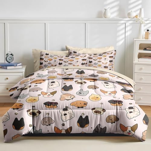 Animal Dog Cream Bed Sheet Sets with Fitted Sheet 2 Pillowcases & 2 Shams