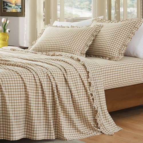 Cotton Gingham King Sheet Set Comfy Breathable Ruffed Plaid Bed Sheet Set with 16 Inch Deep Pocket