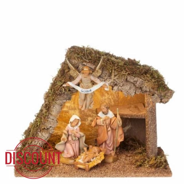 Fontanini by Roman 5" Scale Nativity Set with LED Stable – 4-Piece Holy Family with Angel and Lighted Italian Creche – Made in Italy