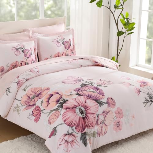 Soft Microfiber Flower Complete Bedding Set for All Seasons（Pink