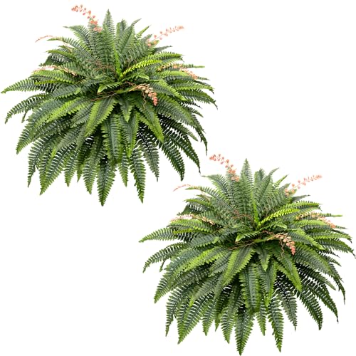 96 Branches Set of 2 Realistic Artificial Boston Ferns Bush Plant for Indoor Outdoor Garden Porch Decor