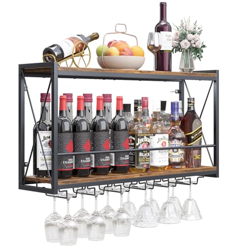 Rustic Wood & Industrial Iron Frame Wine Bottle Holder for Kitchen