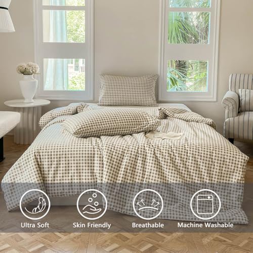 3 Pieces Vintage Farmhouse Grid Bedding Set(Tan Gingham