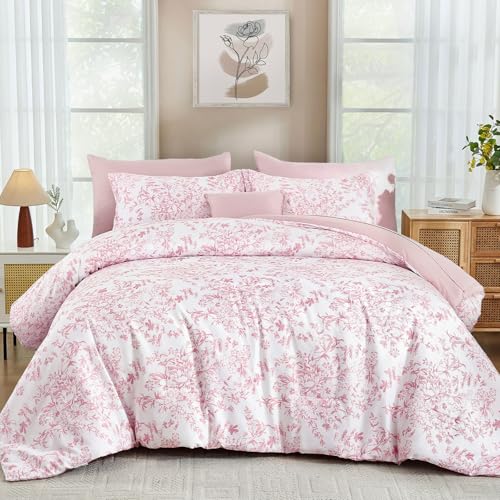 8 Pieces Pink Floral Bed in a Bag Comferter Sets