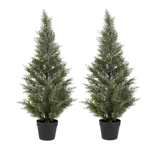 2Pack Lifelike UV Protected Faux Cedar Tree Fake Cypress Trees Evergreen Plants for Front Door Decor
