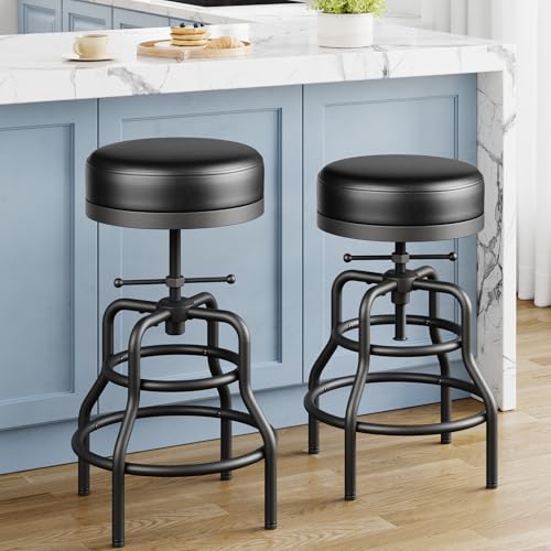 22-29 Inch Industrial Vintage Bar Counter Height Stools with Thicken Premium Bonded Leather Seats & Updated Footrests