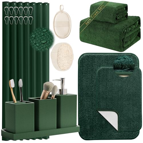 Dark Green Bathroom Accessories Set with Shower Curtain and Rugs