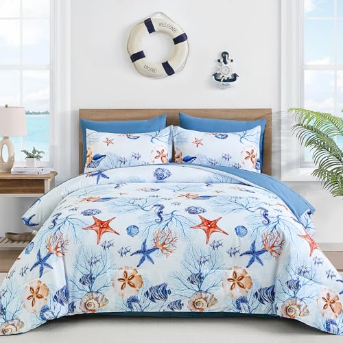 7 Pieces Beach Themed Ocean Sand Dollor & Starfish Pattern Bed in a Bag