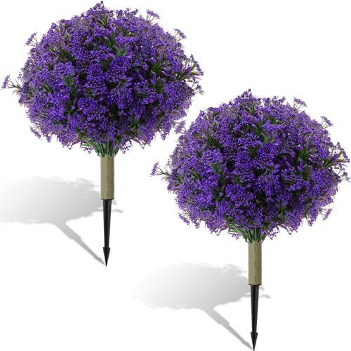 Faux Shrubs Bushes with Ground Spike Realistic UV Resistant Fake Greenery Plant for Porch Indoor(Dark Purple)