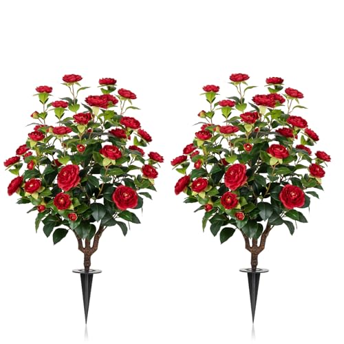 2Pack Red Faux Camellia Flower UV Resistant Floral Blooming Bush for Indoor Outdoor Wedding Front Door Porch Garden Backyard Garden