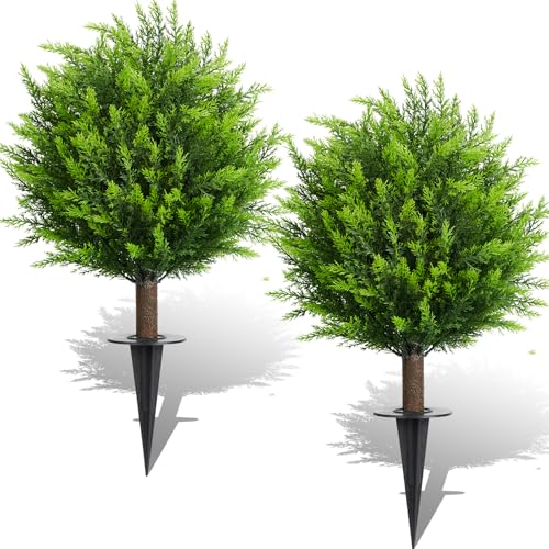 Set of 2 UV Resistant Fake Evergreen Trees Shrubs Bushes Artificial Plants with Ground Spike Faux Cypress Plants for Indoor Outdoor Front Porch Garden