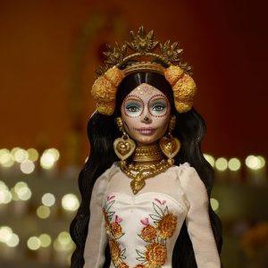 Día De Muertos 2025 Collectible in Ruffled Cream Gown Trimmed with Marigolds and Ribbon