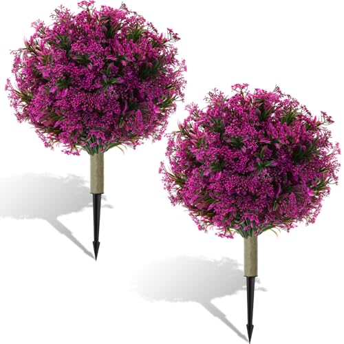 Faux Shrubs Bushes with Ground Spike Realistic UV Resistant Fake Greenery Plant for Porch Indoor(Red Purple)