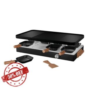 Boska Raclette Party – Tabletop Grill Set for 8 People – PFAS-Free – Ceramic Grill Plate – Beechwood Handles – Reversible Aluminum Griddle – Black