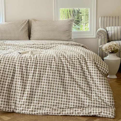 100% Washed Cotton Taupe Plaid Checked Comforter Bedding