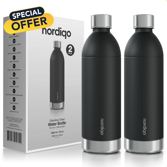 Premium 43 oz Stainless Steel Bottle - Compatible with Aarke Carbonator 3 | Dishwasher Safe | No Expiration Date | Leak Proof | BPA-Free | Extra thick single steel (Black X 2)