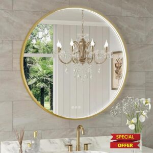 28 x 28 Inch LED Round Bathroom Mirror – Gold Metal Framed Lighted Mirror with 3 Color Modes