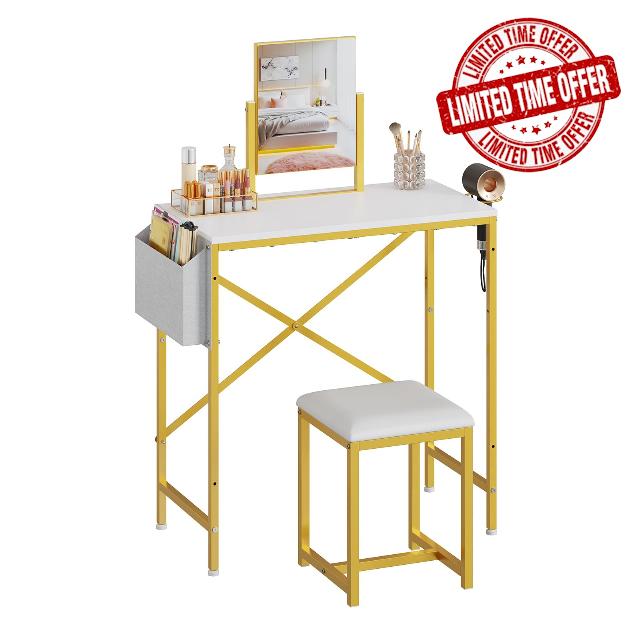 Makeup Vanity Set with 360°Rotating Mirror amd PU Leather Chair