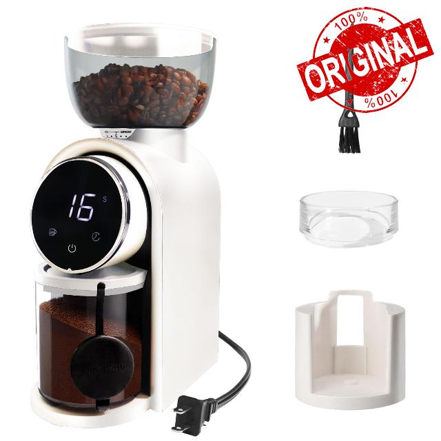 Electric Coffee Grinder Touchscreen 2-14 Cup Conical Burr Coffee Grinder with 25 Grinding Settings Cleaning Brush Grindable Espresso Drip Coffee French Press for Home Use 110V White