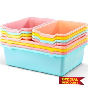 Dandat 12 Pcs Plastic Cubby Bins 16 and 11 Inch Book Bins for Classroom Scoop Front Stackable Storage Organizer Two Sizes Toy Storage Tubs Containers for Library School Office Home Nursery