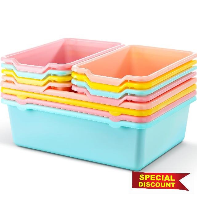 Dandat 12 Pcs Plastic Cubby Bins 16 and 11 Inch Book Bins for Classroom Scoop Front Stackable Storage Organizer Two Sizes Toy Storage Tubs Containers for Library School Office Home Nursery
