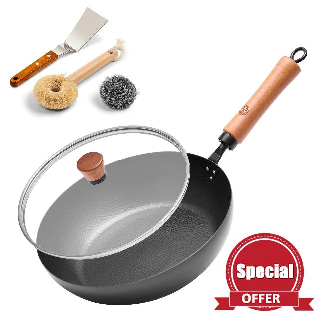 WANGYUANJI 11-Inch Hand-Hammered Iron Frying Pan with Lid and Spatula