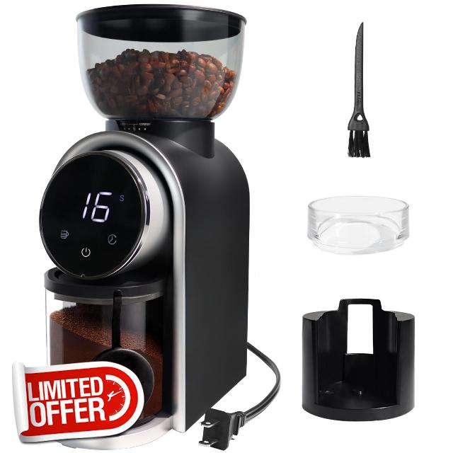 Electric Coffee Grinder Touchscreen 2-14 Cup Conical Burr Coffee Grinder with 25 Grinding Settings Cleaning Brush Grindable Espresso Drip Coffee French Press for Home Use 110V Black