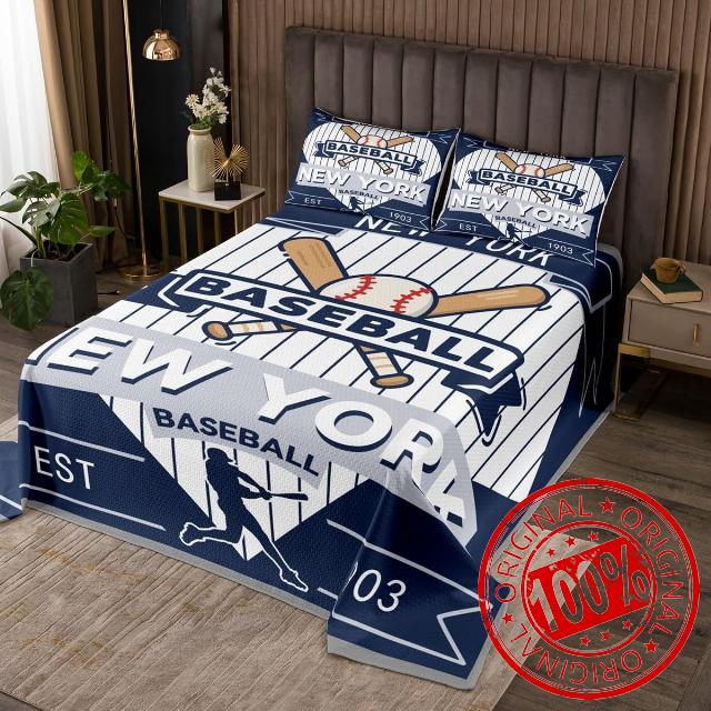 jejeloiu Baseball Bedspread Queen Size New York Coverlet Set Baseball City Quilted Coverlet for All Season with 2 Pillowcases Sports Game Microfiber Lightweight