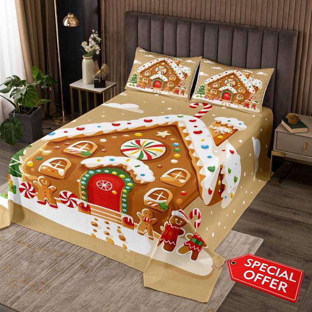 jejeloiu Merry Christmas Bedspread Queen Size Gingerbread Man Coverlet Set Christmas Tree Quilted Coverlet for All Season with 2 Pillowcases Lightweight